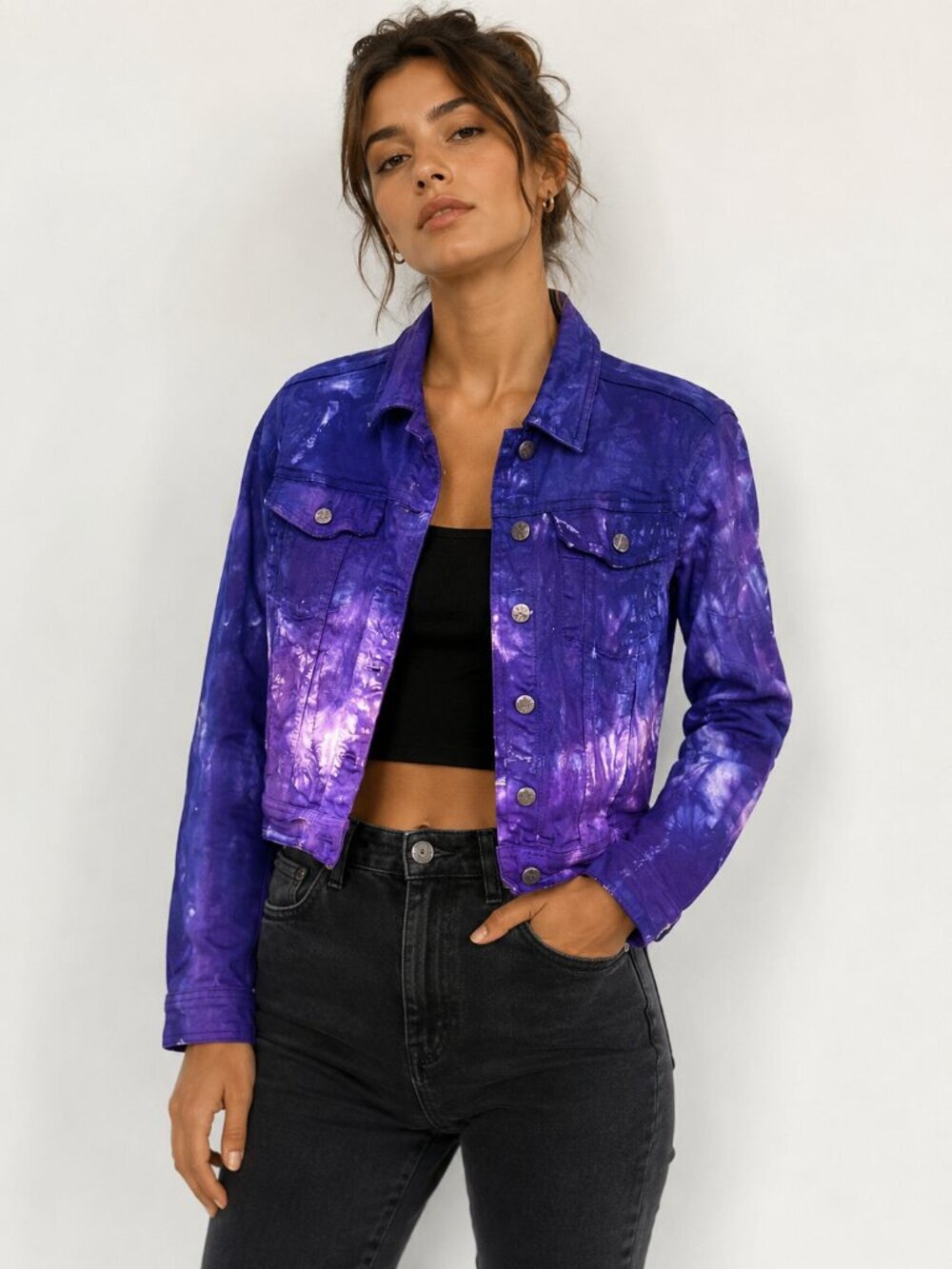 Zara Size XS Handmade Tie Dyed Purple Denim Jacket Blue Upcyle  One of a kind